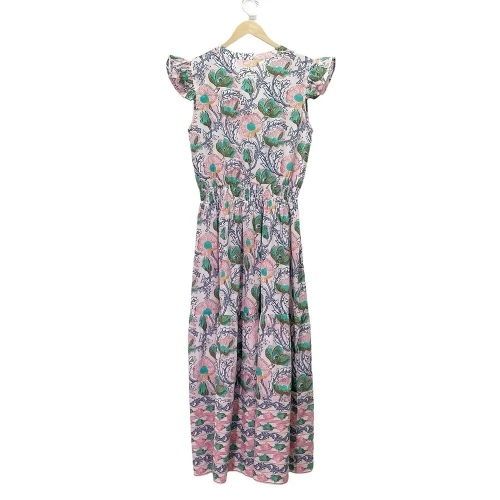 NWT Bindu Anika Dress Pink Multi Floral Ruffle Sleeve Maxi Boho Resort Sz Small - Picture 3 of 13